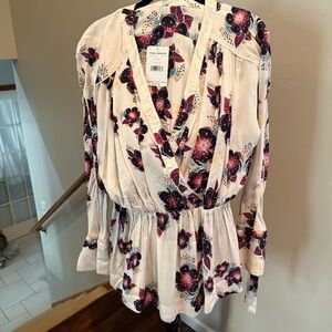 Free People Size Small Floral Wrap Top - White and Purple